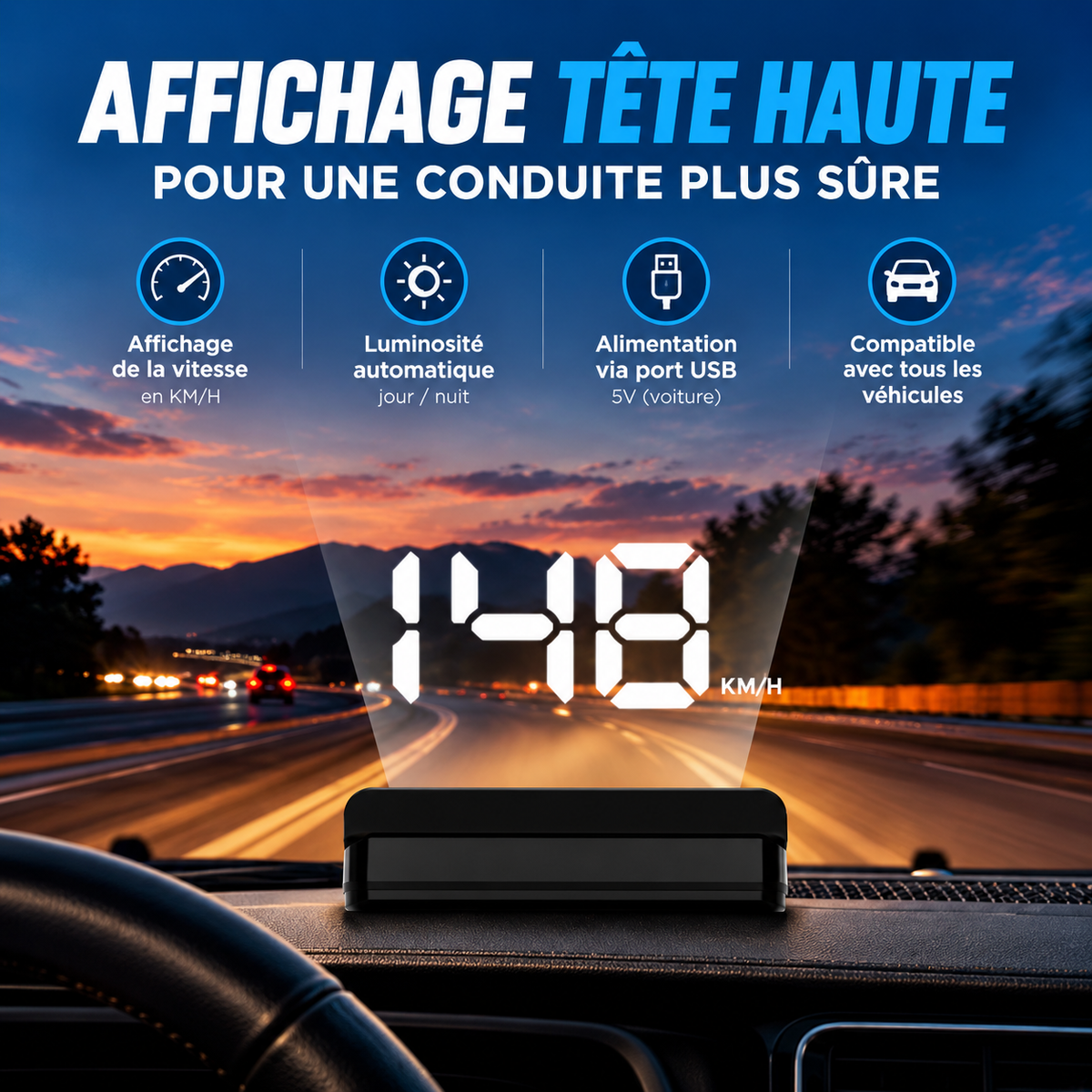 Affichage Tête Haute HUD K1 – Compteur de Vitesse pour Voiture