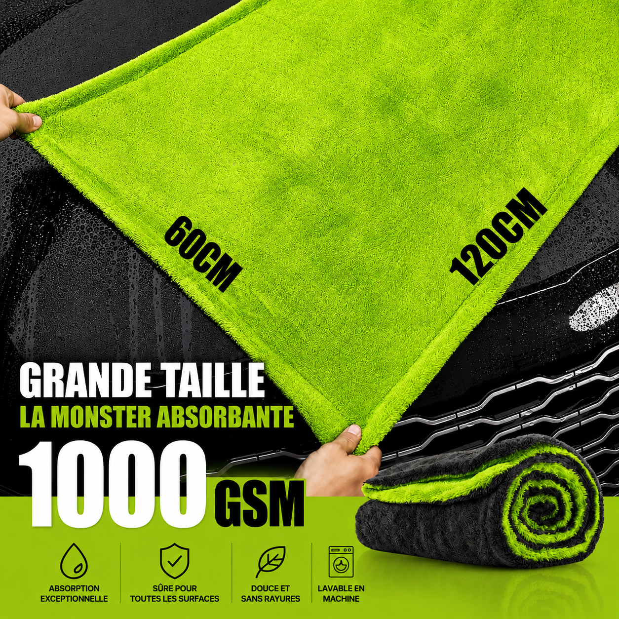 Serviette Microfibre Monster Absorbante 1000 GSM – 60 × 120 cm | Séchage Ultra Rapide